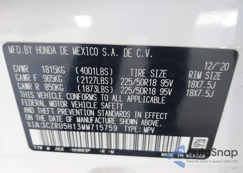 2021 Honda Hr-V 2Wd Sport z USA, uszkodzony, nr VIN 3CZRU5H13MM715759